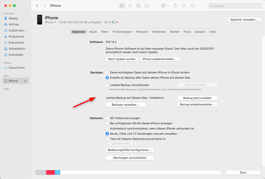 Mac im Finder - iPhone Backup erstellen