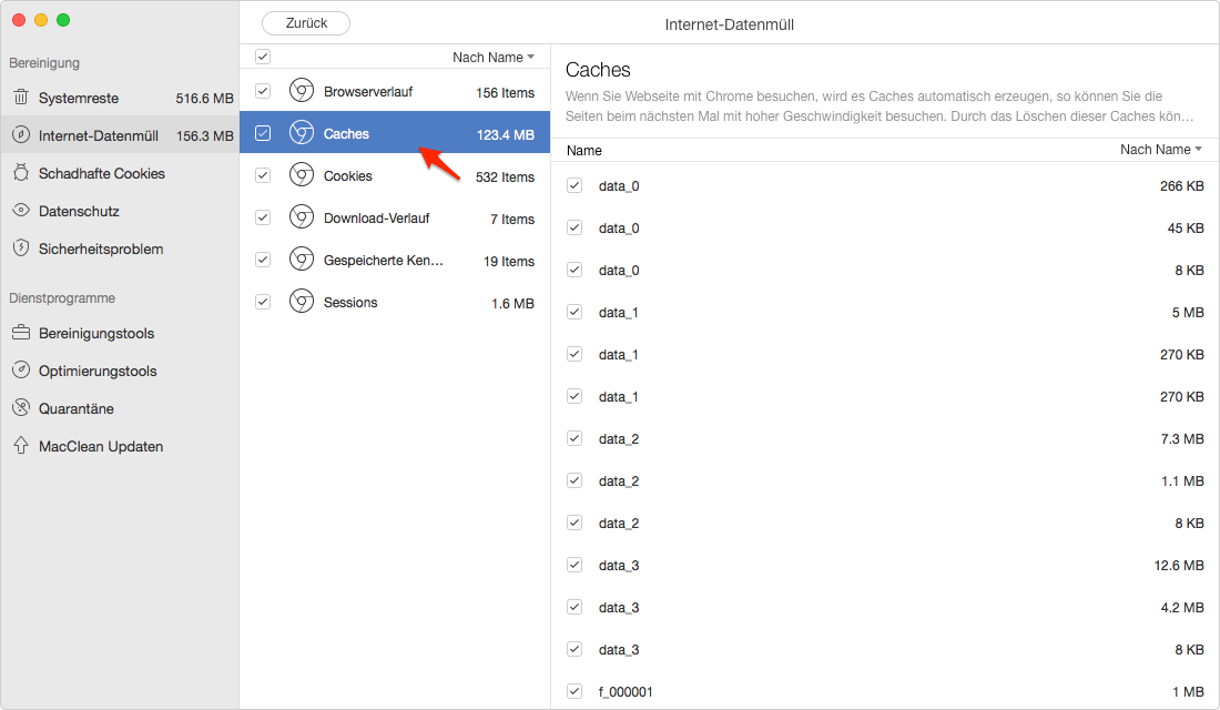 Chrome Caches überprüfen und auswählen - Schritt 2