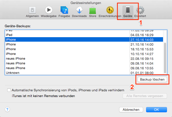 Korrumpiertes iTunes-Backup in iTunes löschen