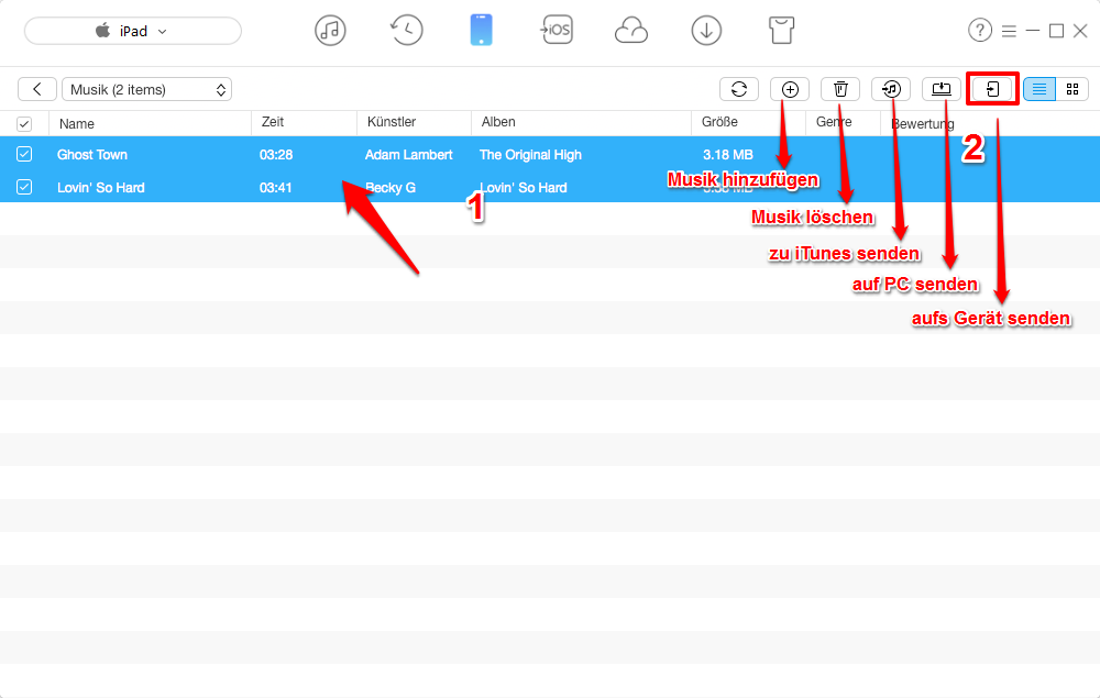 Musik vom iPad auf iPhone X/8/7 (Plus) übertragen, ohne iTunes – Schritt 4
