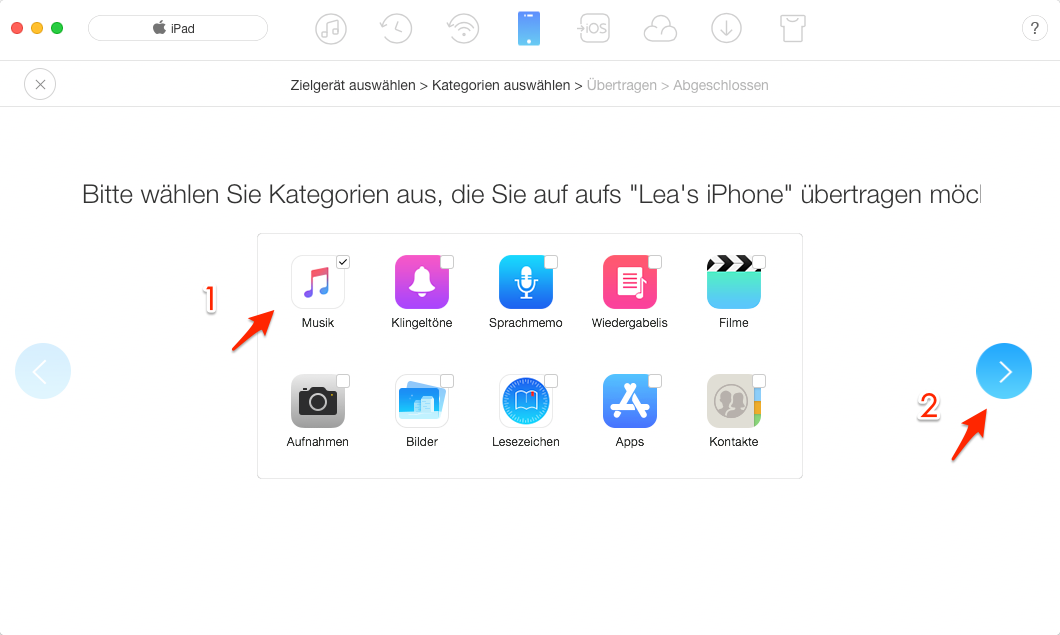 Alle Musik vom iPad auf iPhone mit 1-Klick – Schritt 2