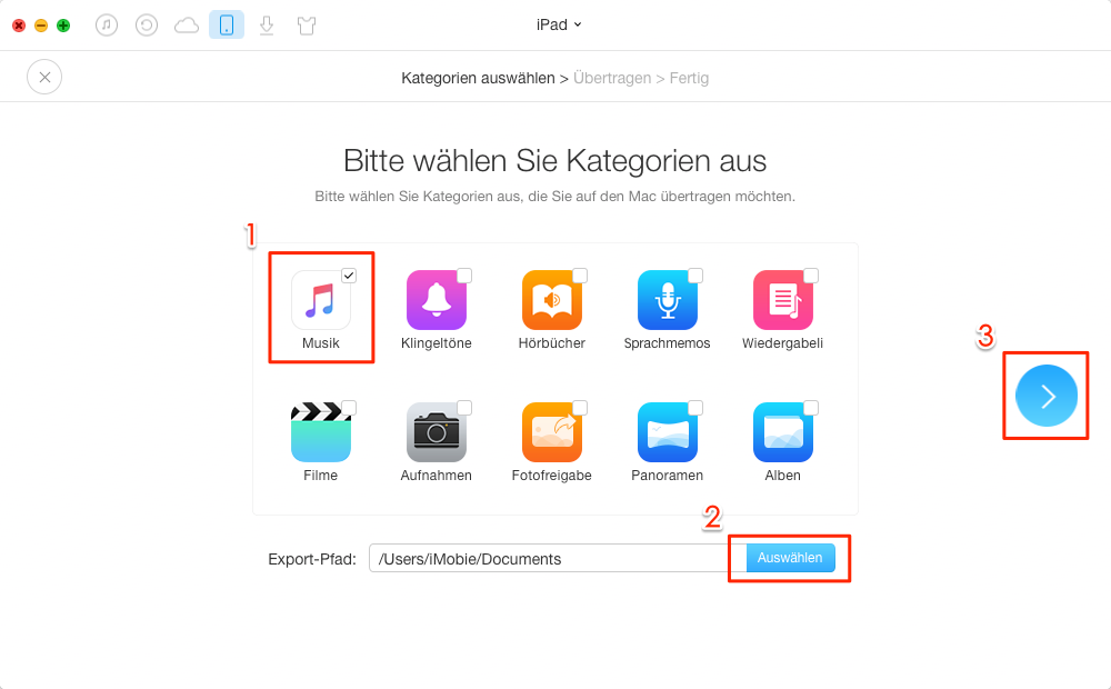 1 Klick! Musik vom iPad/iPod auf Mac senden – Schritt 2
