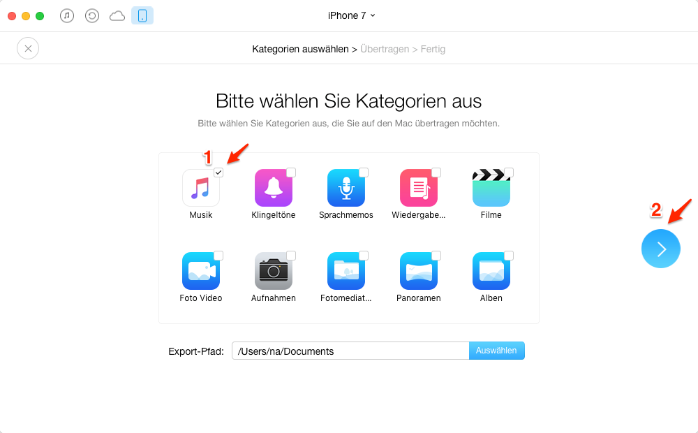 Alle Musik vom iPhone 7 auf Mac auf einmal übertragen