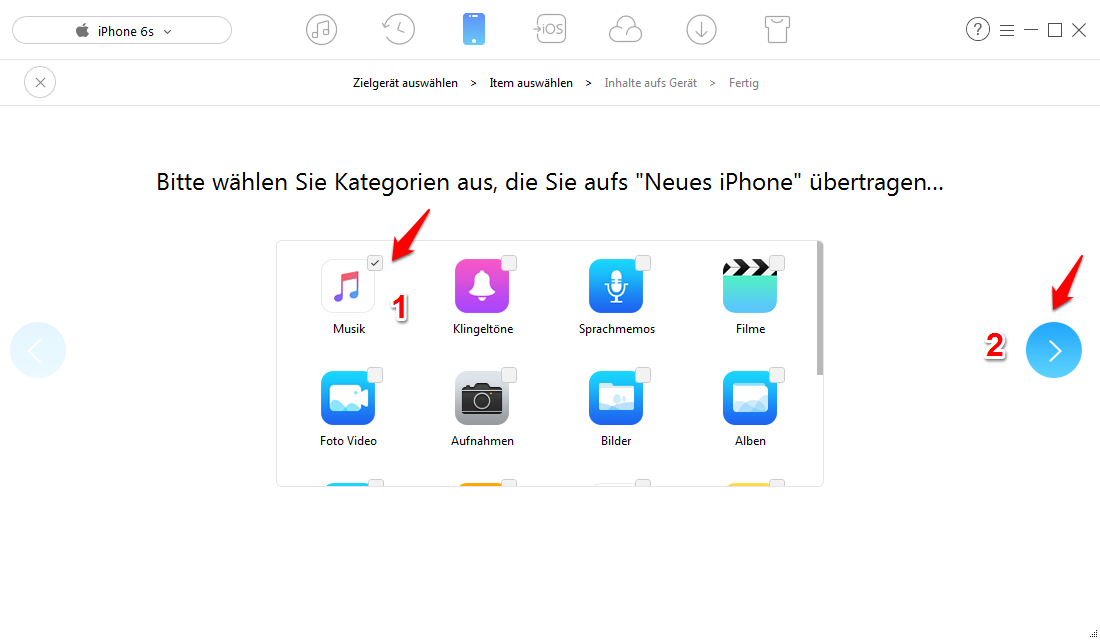 Musik von altem iPhone zu iPhone X/8/7 mit 1-Klick – Schritt 3