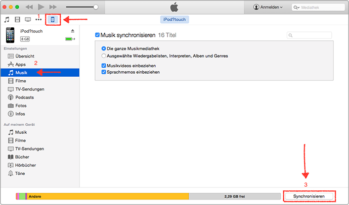 Musik vom iPod touch mit iTunes löschen