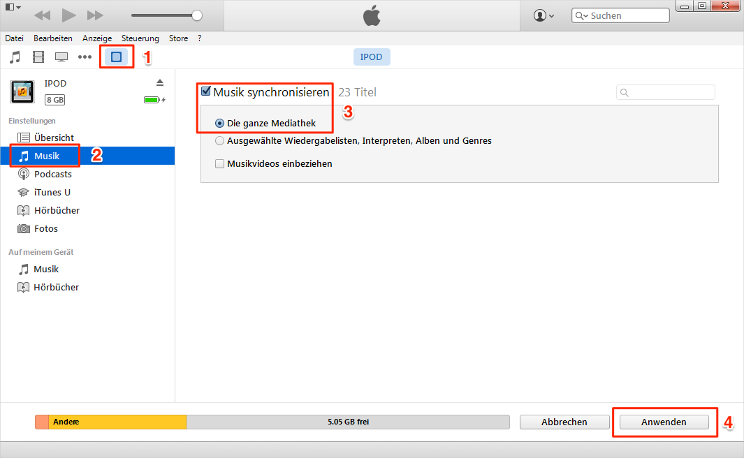 Musik von iTunes auf iPod übertragen