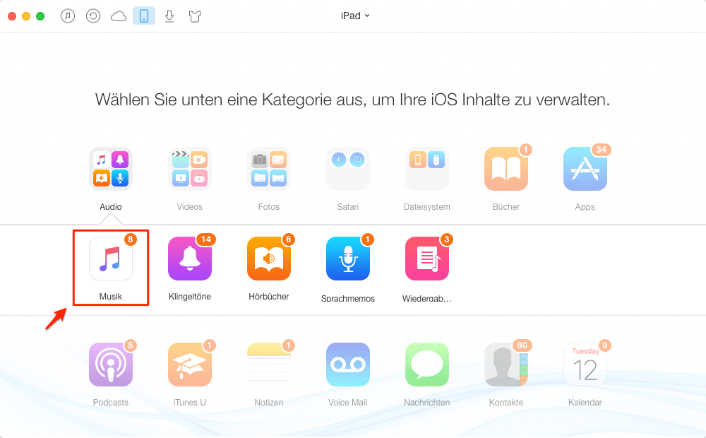 AnyTrans starten und Musik unter „Audio“ auswählen – Schritt 2