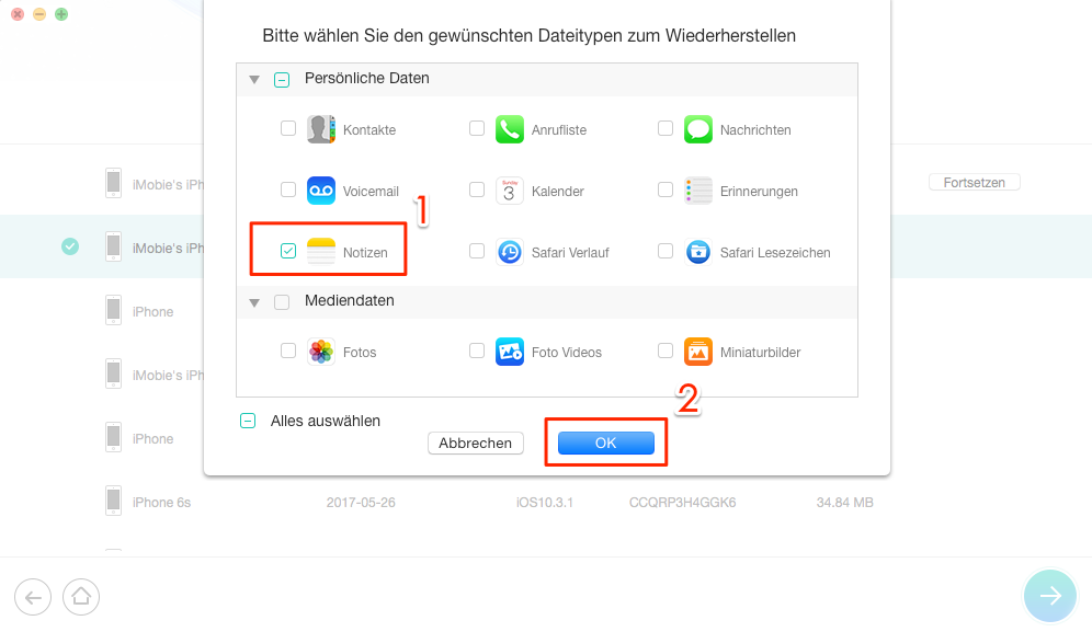 Die Option „Notizen“ auswählen – Schritt 4