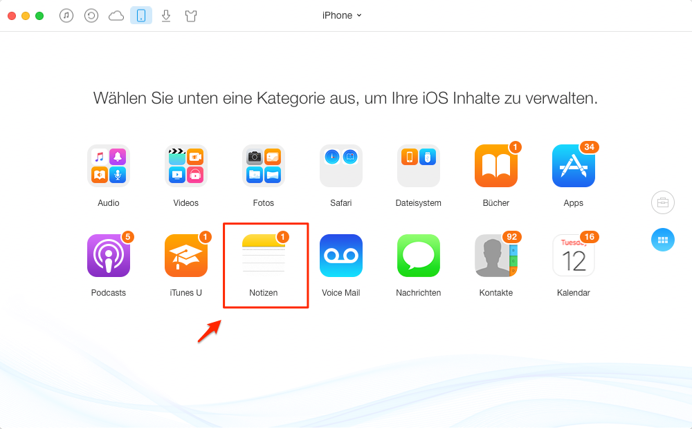 Notizen vom iPhone auf Mac übertragen – Schritt 2