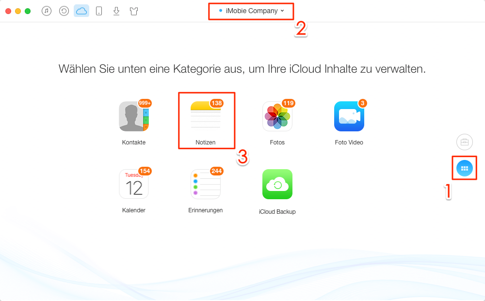 iCloud Account auswählen und Kontakte auswählen - Schritt 3