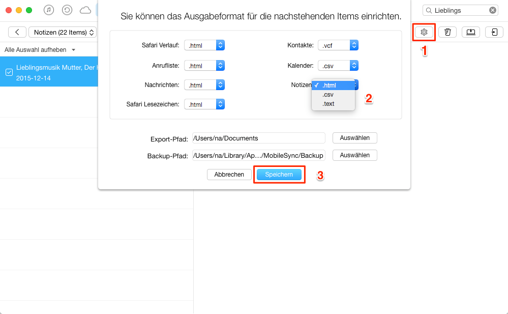 Format von Notizen auswählen