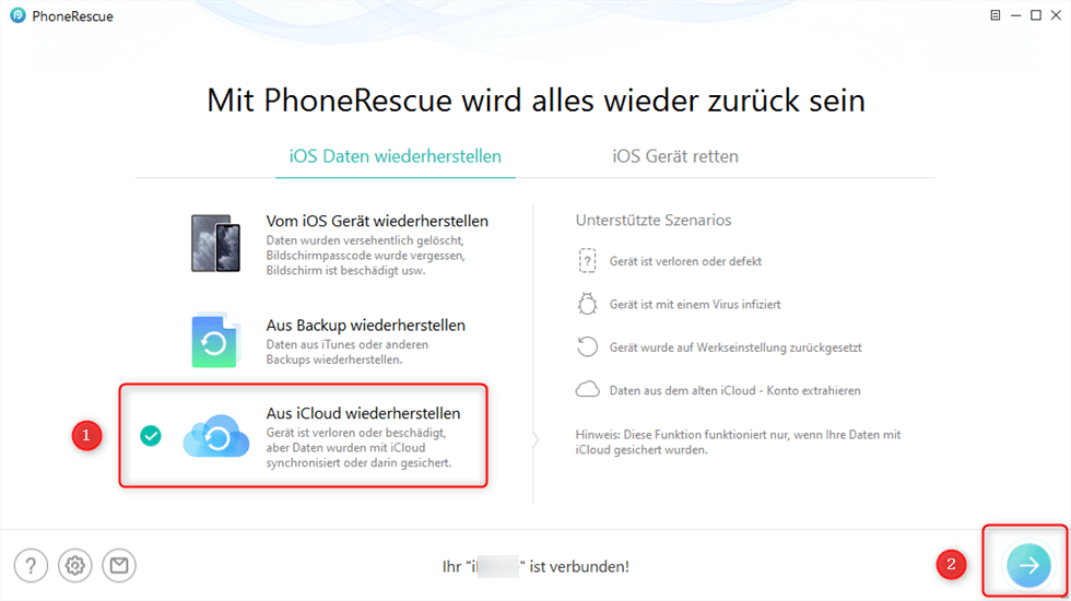 PhoneRescue-aus iCloud wiederherstellen auswählen