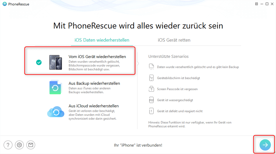 PhoneRescue von iOS-Gerät wiederherstellen