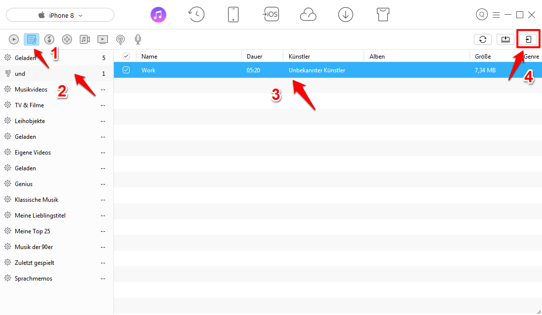Wiedergabeliste von iTunes auf iPhone X/8/7(Plus) übertragen – Schritt 3