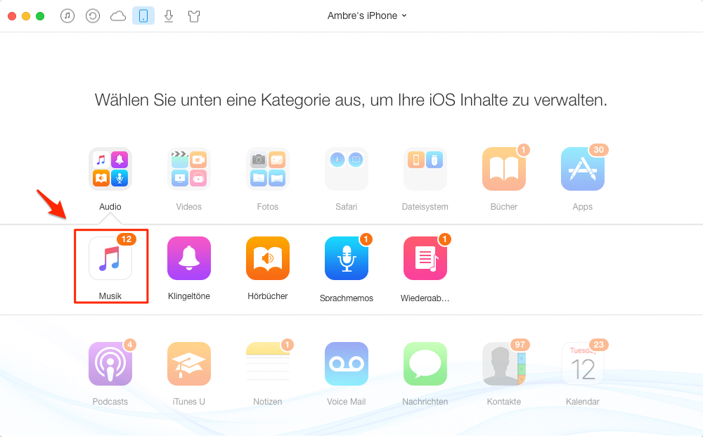 AnyTrans starten und Musik auswählen – Schritt 2