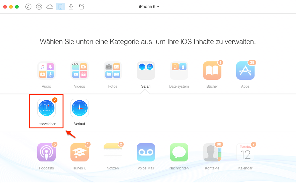 AnyTrans starten und wählen Sie „Safari Lesezeichen“ – Schritt 2