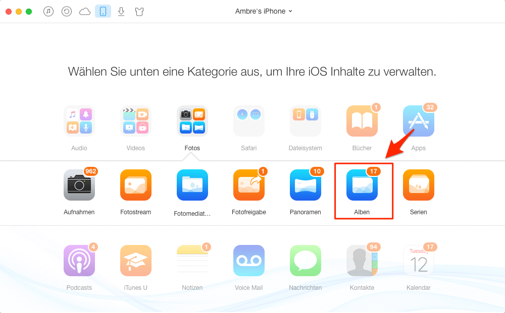 Die Option „Alben“ unter „Fotos“ auswählen – Schritt 1