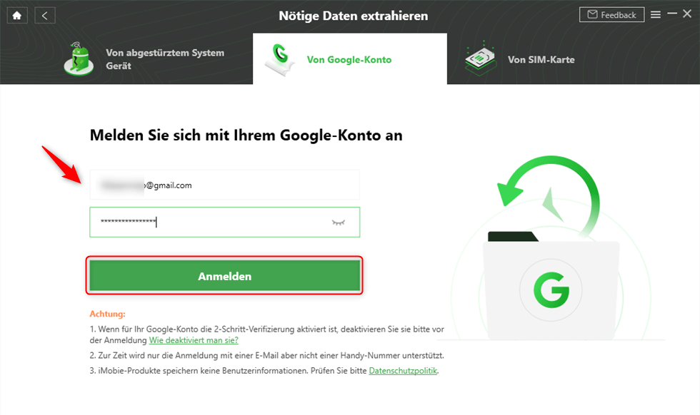 Sich mit dem Google-Account einloggen über DroidKit