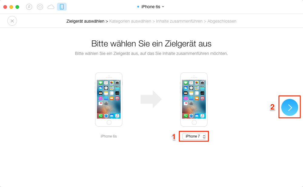 Zielgerät auswählen und weiter gehen – Schritt 3