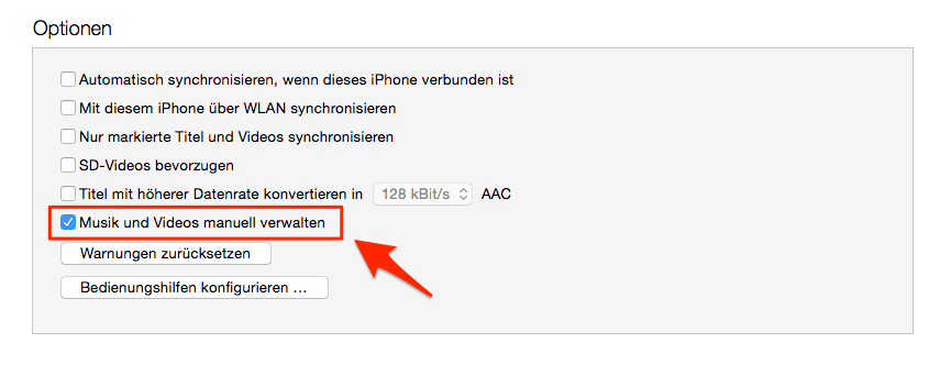 Die Option „Musik und Videos manuell verwalten“ deaktivieren