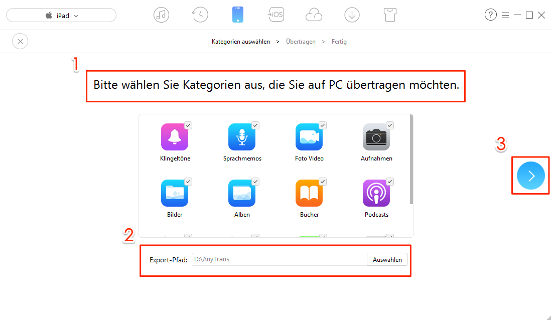 Daten vom iPad auf PC im gewünschten Export-Pfad übertragen – Schritt 2