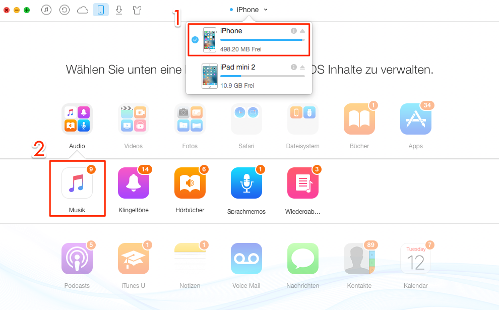 AnyTrans starten und Musik unter Audios auswählen – Schritt 2