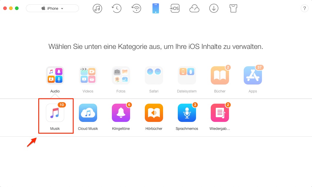 Musik vom iPhone X/8/7/6s/6/5s/SE auf iTunes selektiv übertragen – Schritt 2