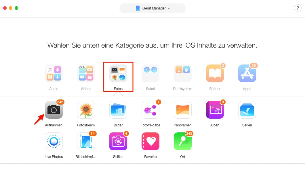 AnyTrans öffnen und „Fotos" auswählen - Schritt 1