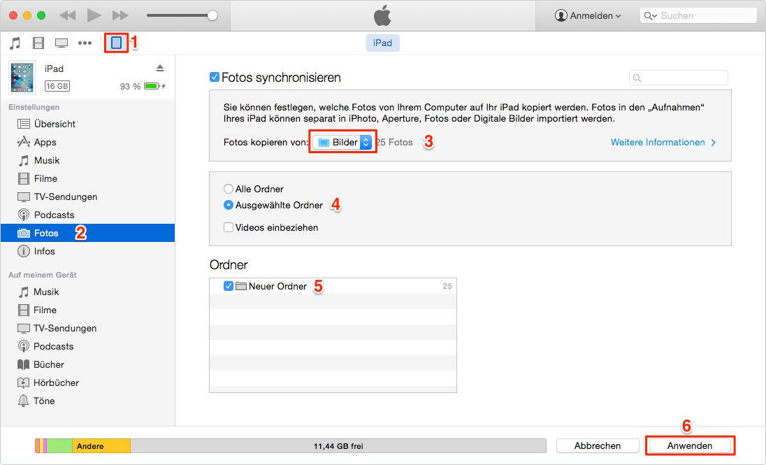 Über iTunes kann man die Fotos vom Computer auf iPad übertragen