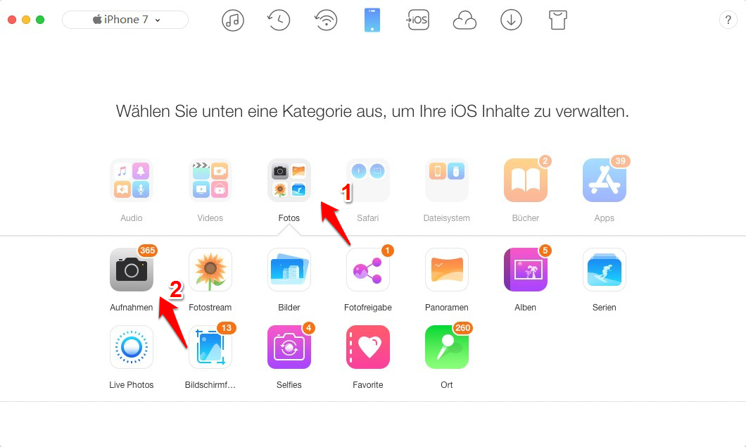 AnyTrans starten und die Typen der Fotos wählen - Schritt 2