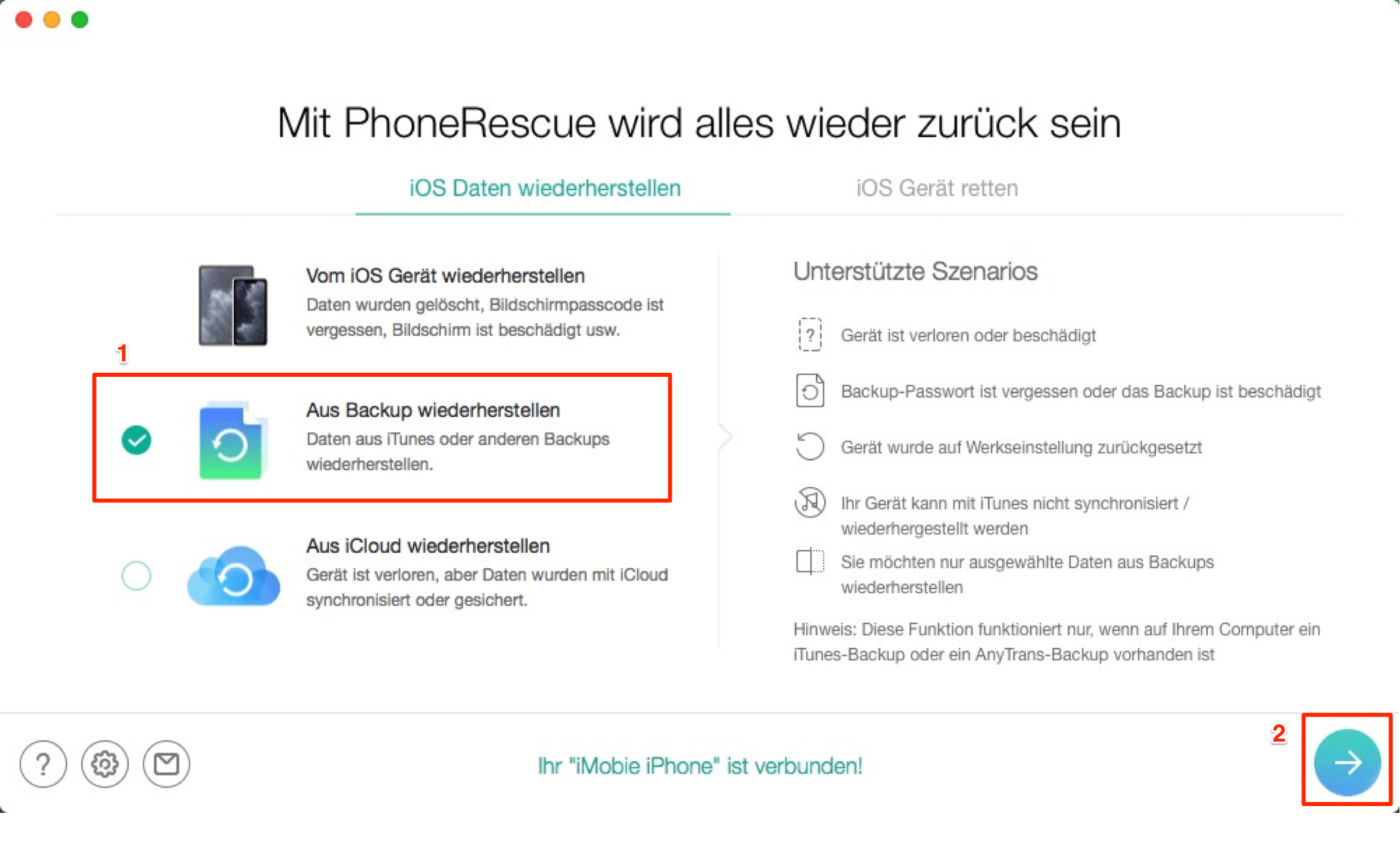 Wählen Sie die Funktion „Aus iTunes-Backup wiederherstellen“