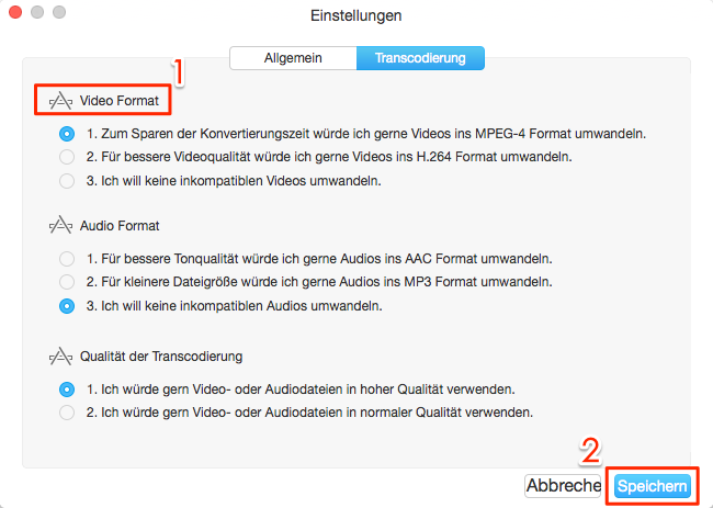 Das gewünschte Format einstellen