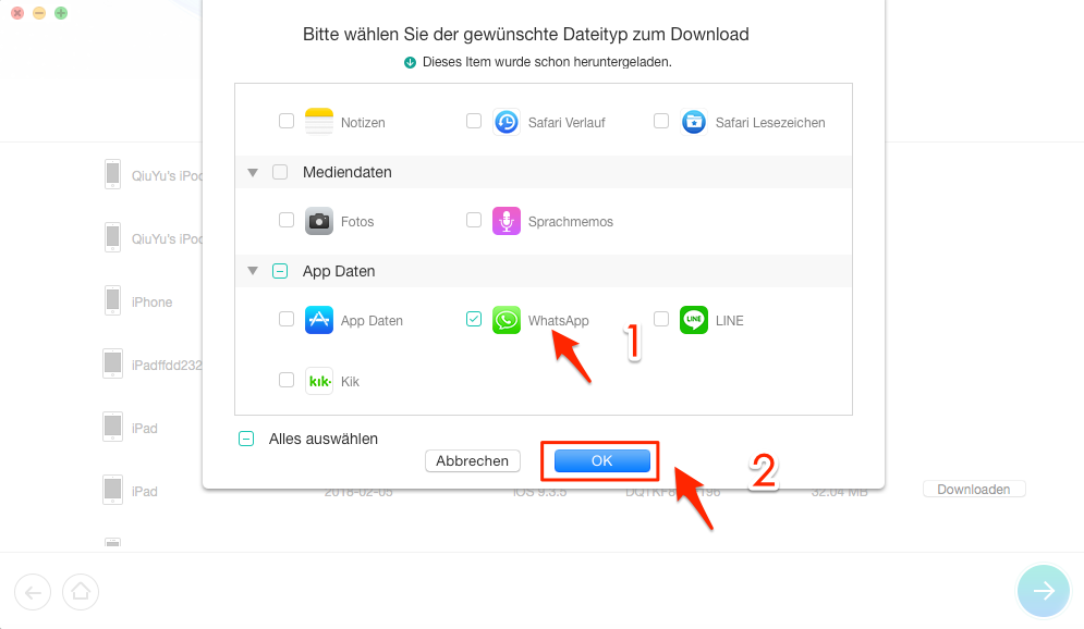 WhatsApp aus iCloud Backup wiederherstellen – Schritt 2