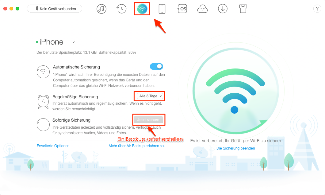 Ohne Backup verschlüsseln – iPhone Backup über Wi-Fi erstellen