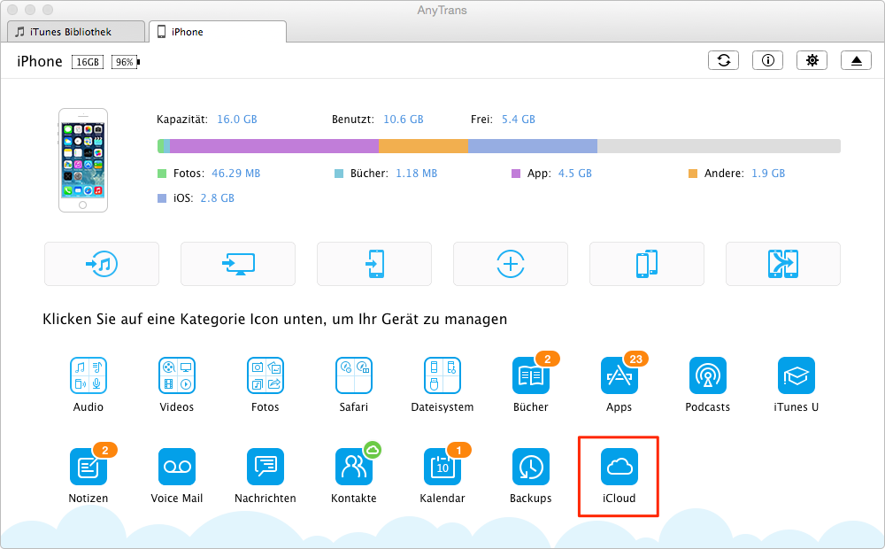 AnyTrans öffnen und auf iCloud klicken - Schritt 1
