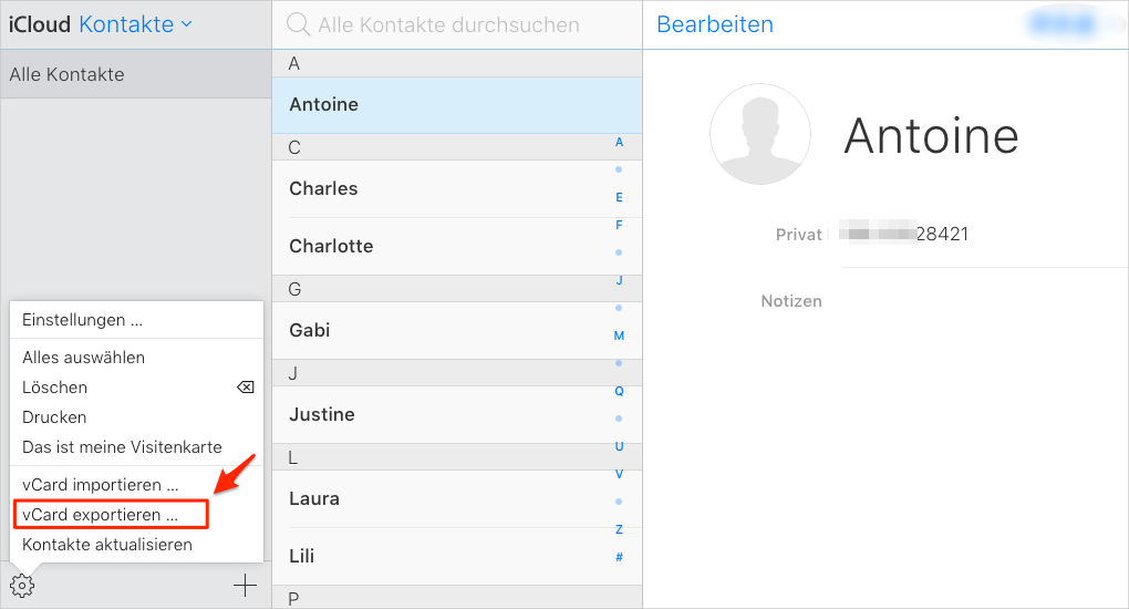 iCloud Kontakte aus „iCloud.com“ exportieren