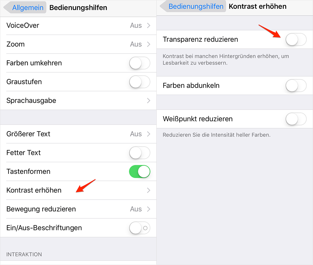 iOS 10-Gerät beschleunigen: Transparenz reduzieren