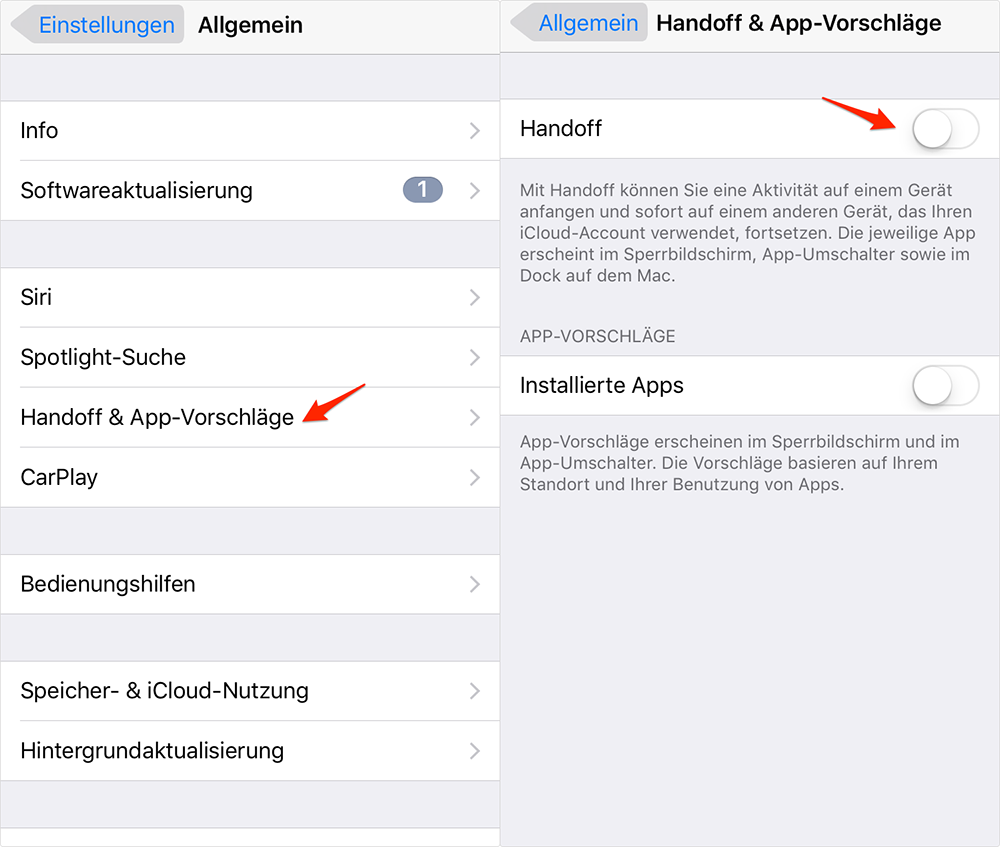 Handoff und App-Vorschläge ausschalten - iOS 10-Gerät schneller machen