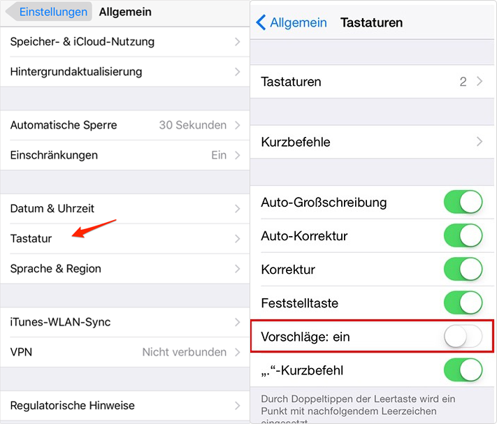 Wörtervorschlag deaktivieren - iOS 10-Gerät beschleunigen