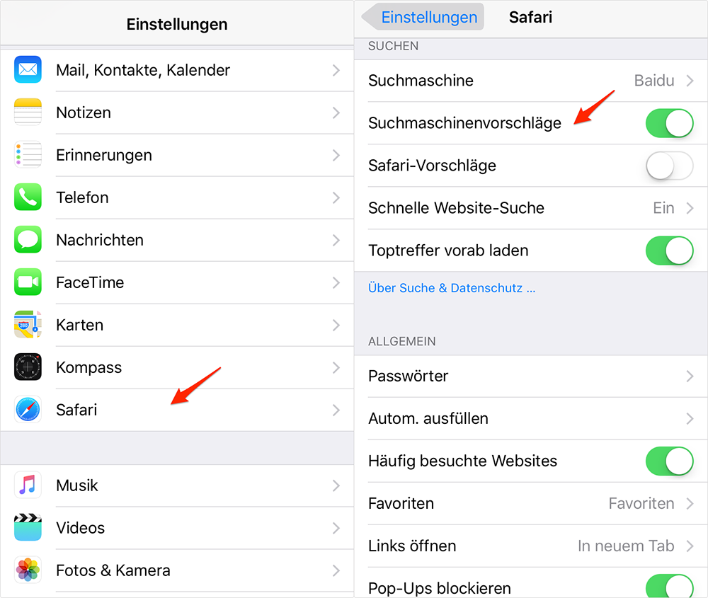 Suchmaschinen/Safari-Vorschläge abschalten - iOS 10-Gerät beschleunigen