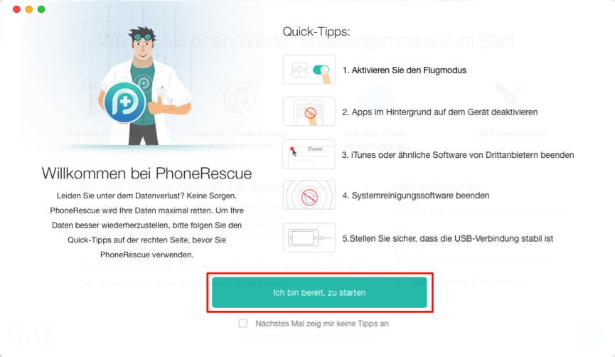 Mit PhoneRescue kann man die Kontakte von iPhone 6/6s direkt wiederherstellen - Schritt 1