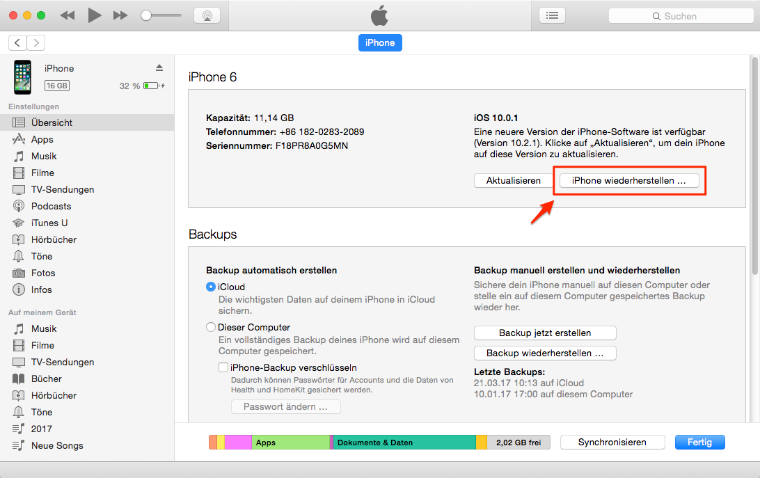 iPhone mit iTunes zurücksetzen