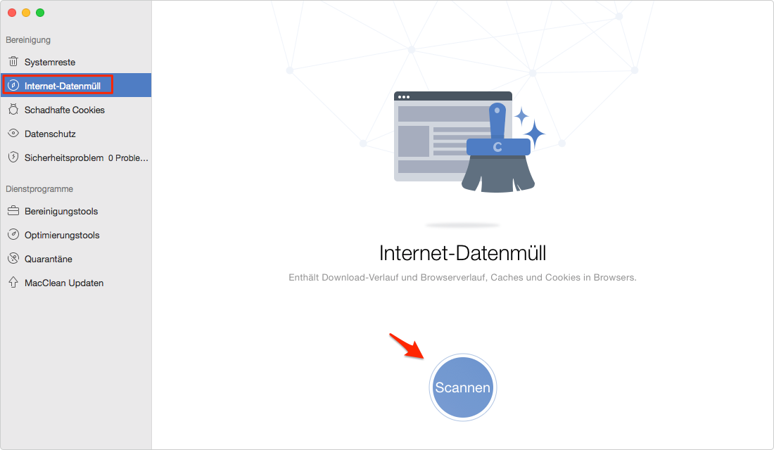 Wählen Sie Internet-Datenmüll und starten Scannen - Schritt 1