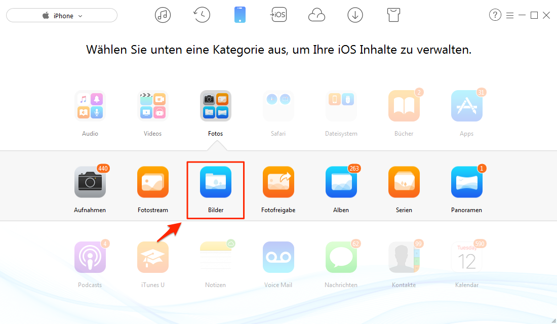 AnyTrans öffnen und Fotomediathek auswählen – Schritt 2