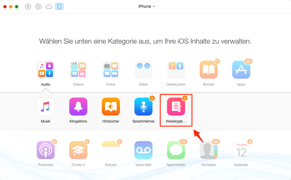 AnyTrans öffnen und Wiedergabeliste auswählen - Schritt 2