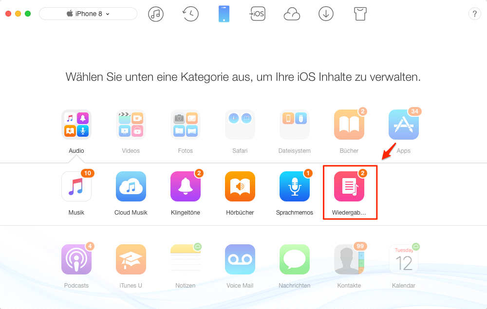 Wiedergabeliste & Playlist vom iPhone XS/XR/X/8/7 auf iTunes übertragen – Schritt 2