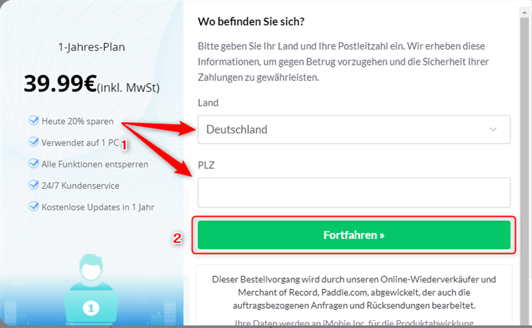 Zahlungsvorgang - Das Land wählen