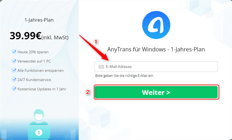 Zahlungsvorgang - Email-Adresse eingeben