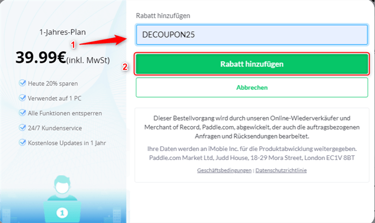 Zahlungsvorgang - Gutschein eingeben