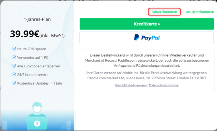 Zahlungsvorgang - Rabatt hinzufügen wählen